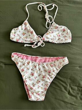 White Floral Tie-Front Bikini Set with Pink Accents